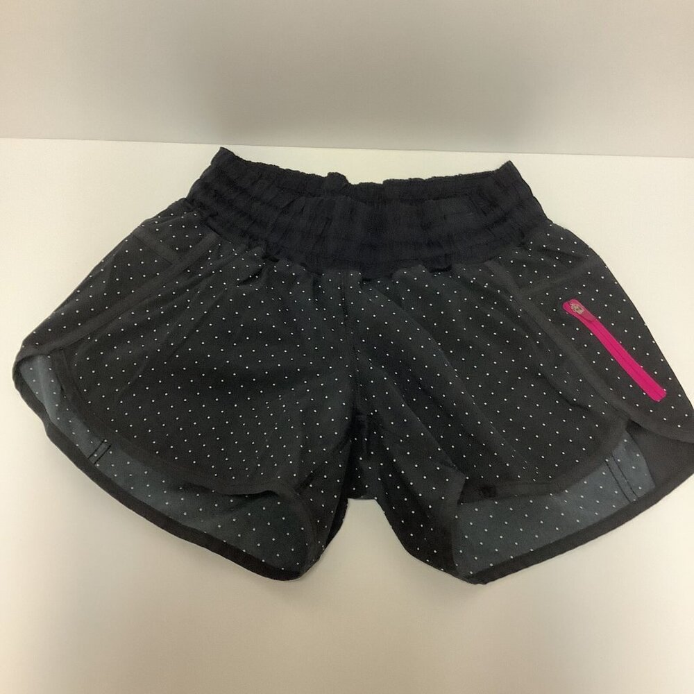 Lululemon Black White Polka Dot Tracker Shorts Hot Pink Zipper Pocket Size 6
